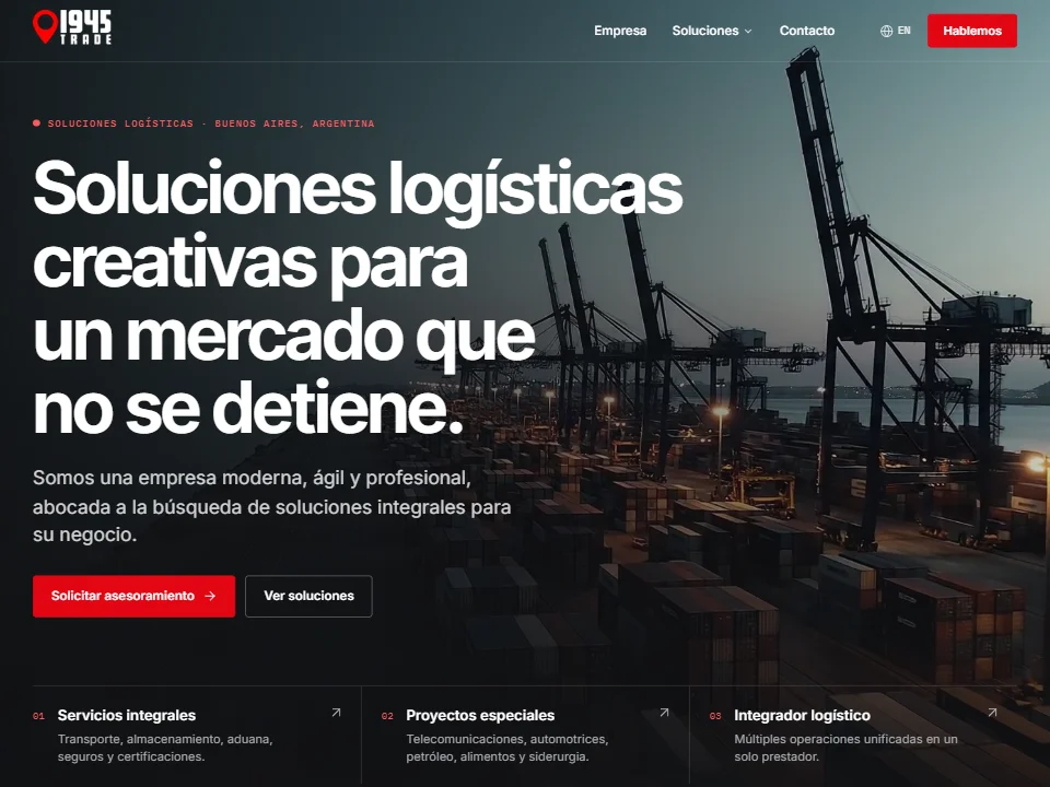 1945 Trade homepage hero with a port photo and the headline "Soluciones logísticas creativas para un mercado que no se detiene".