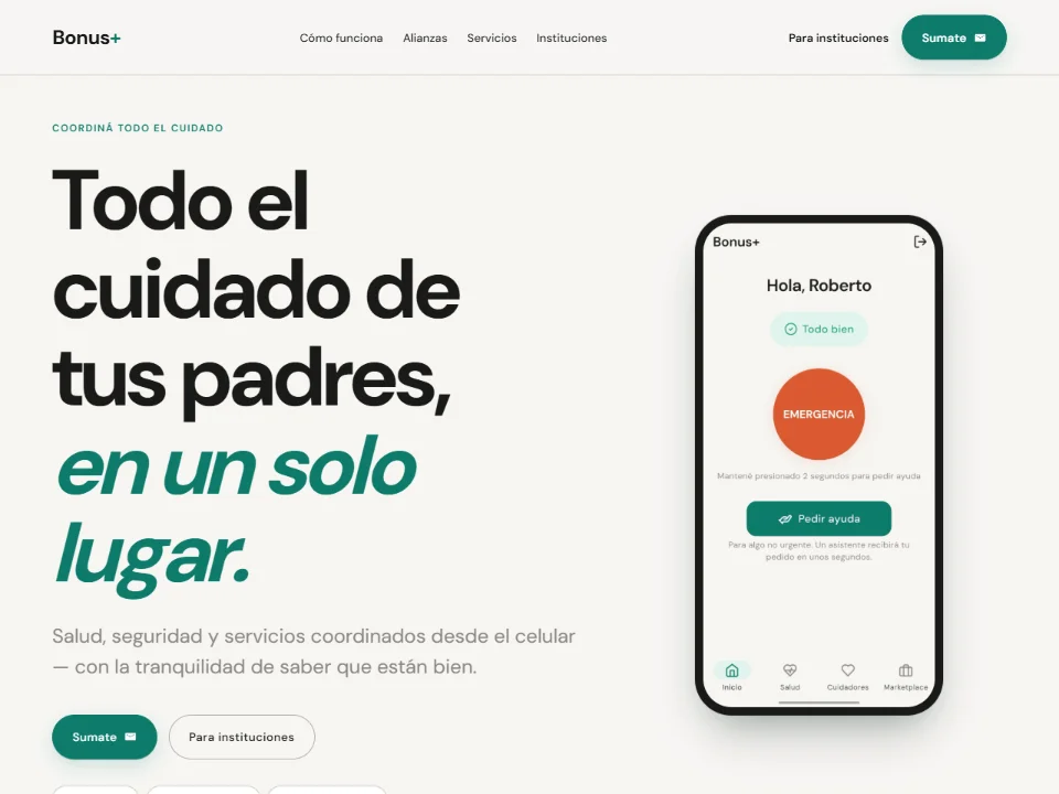 Bonus+ landing hero with the headline "Todo el cuidado de tus padres, en un solo lugar" next to a phone mockup showing the app home screen with an emergency button.