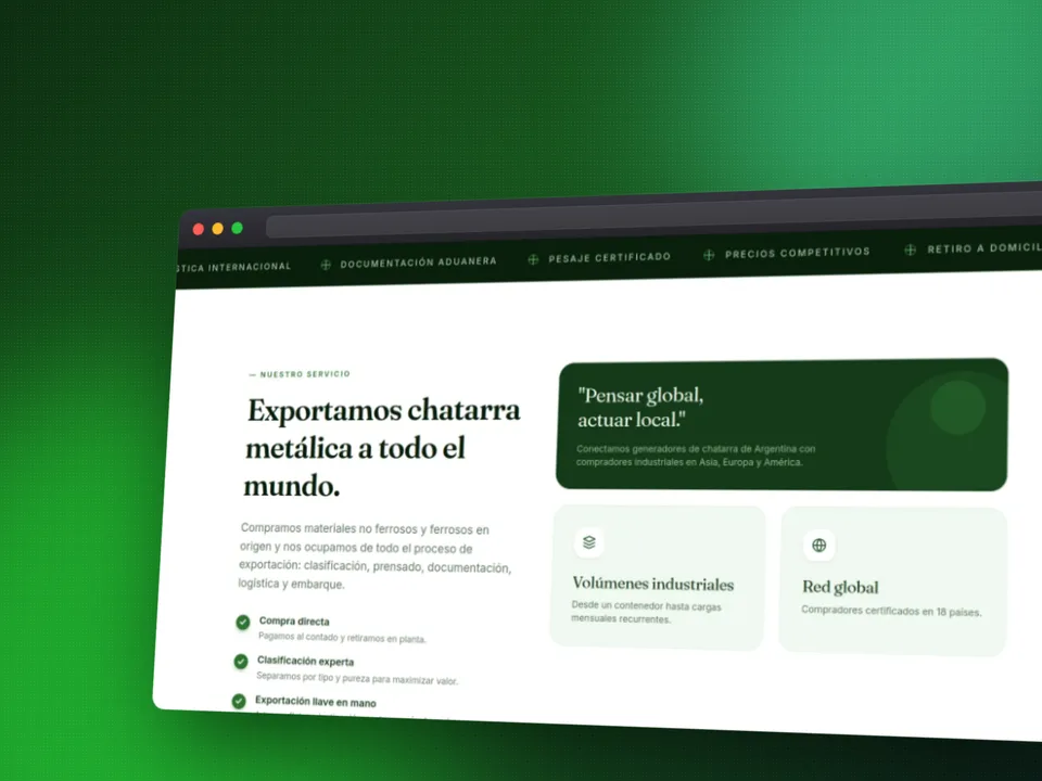 Screenshot of the EcoExport landing page showing the hero section with a green-toned design and scrap metal export messaging.