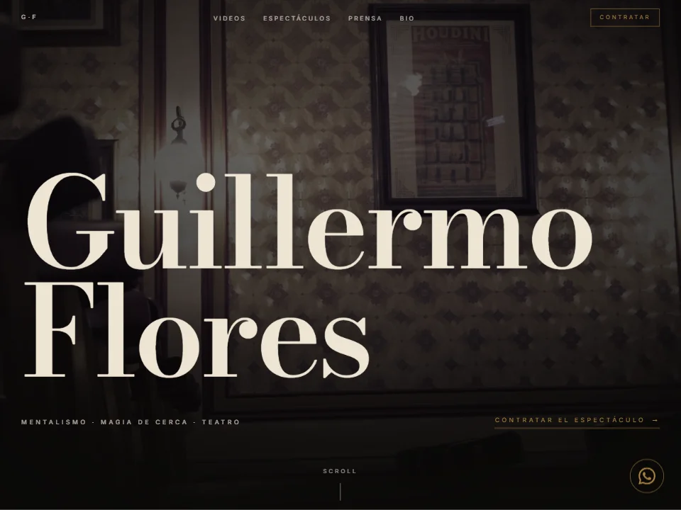 Guillermo Flores landing hero, his name set in a large serif over a dark, warm-toned stage backdrop.