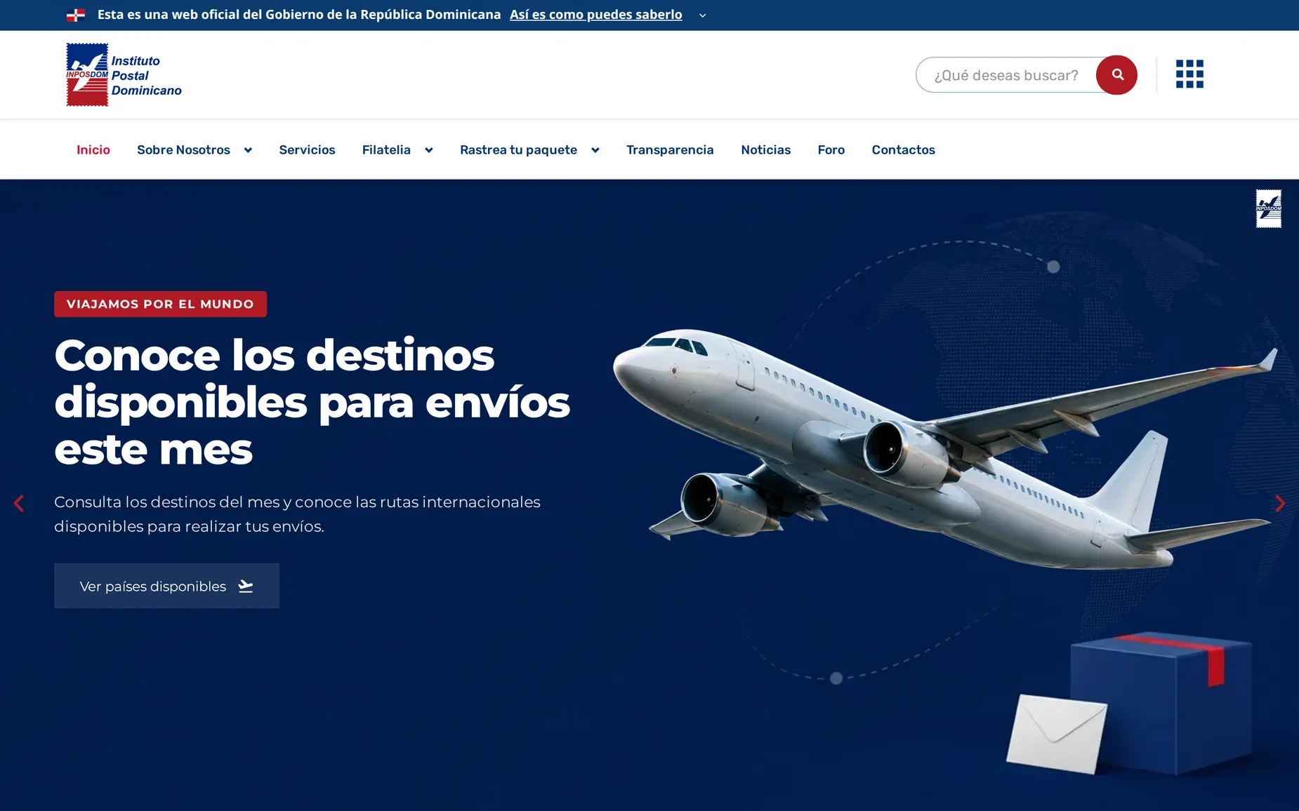Home de INPOSDOM con el slider de destinos internacionales de envío.