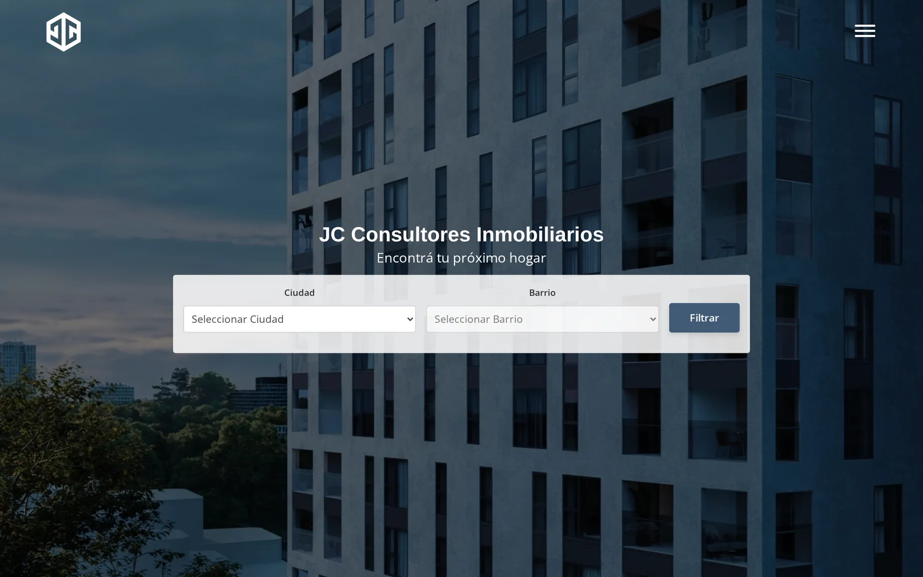 Home de JC Consultora con el filtro de propiedades por ciudad y barrio sobre el hero.