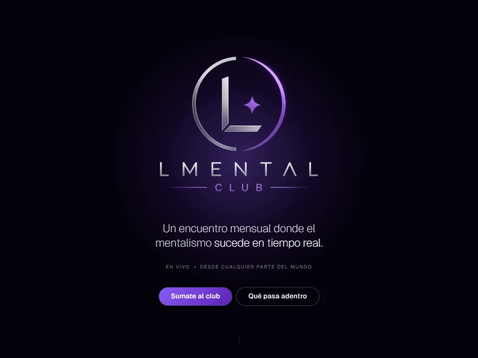 LMental Club hero on a dark violet background with the silver and purple logo, the line "A monthly meeting where mentalism happens in real time" and two buttons.