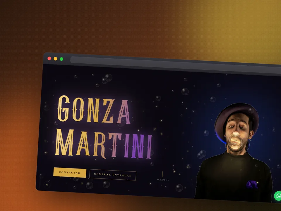Screenshot of Magia y Burbujas website — dark background with gold typography and a bubble-driven hero section.