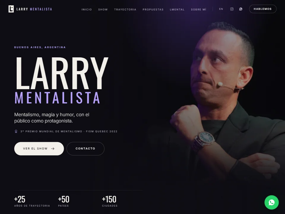 Larry's homepage hero on a near-black violet background, with a portrait of the mentalist in a headset microphone, LARRY in large white condensed capitals, MENTALISTA in lilac, two buttons, and a row of three figures at the bottom.