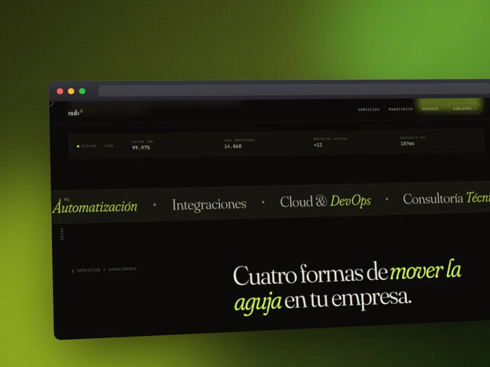 Captura del hero de la landing page de Nub3 con el grafo de nodos animado.