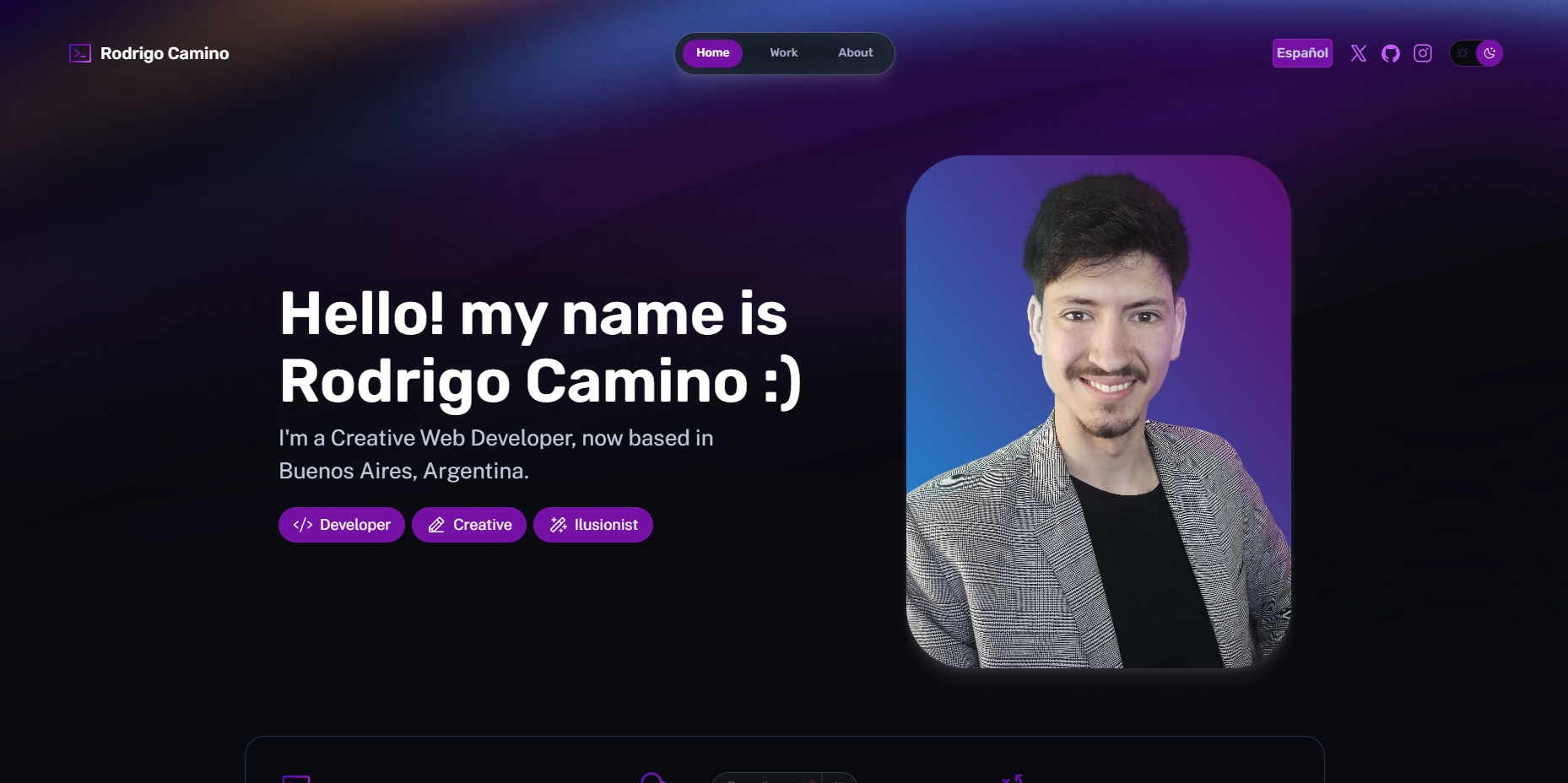 Screenshot of Rodrigo Camino's portfolio