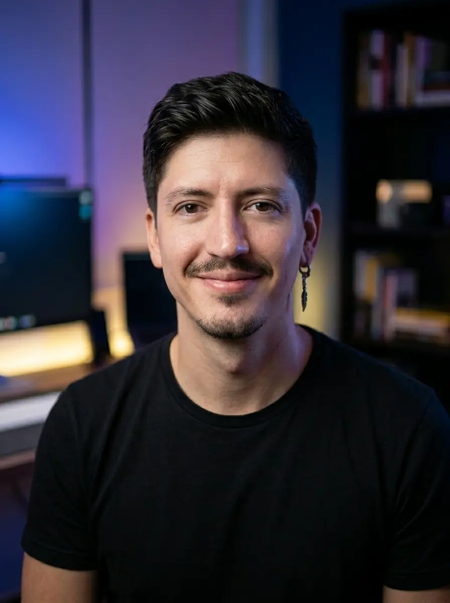 Rodrigo Camino smiling against a blue and purple gradient background.