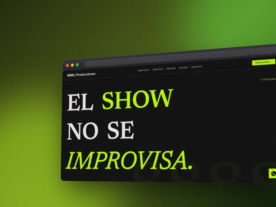 Screenshot of 8888 Producciones landing page featuring the acid green brutalist design.