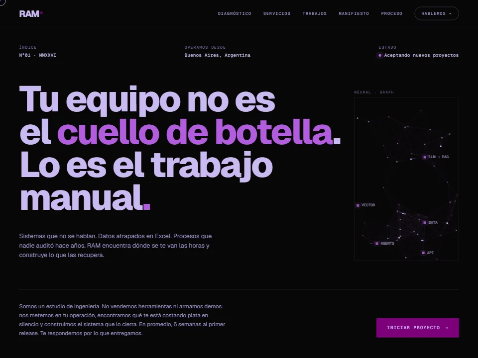 RAM Studio homepage hero on a near-black background with a large violet headline and an animated neural node graph on the right.