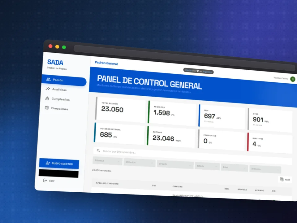 Captura del dashboard principal del sistema electoral SADA.