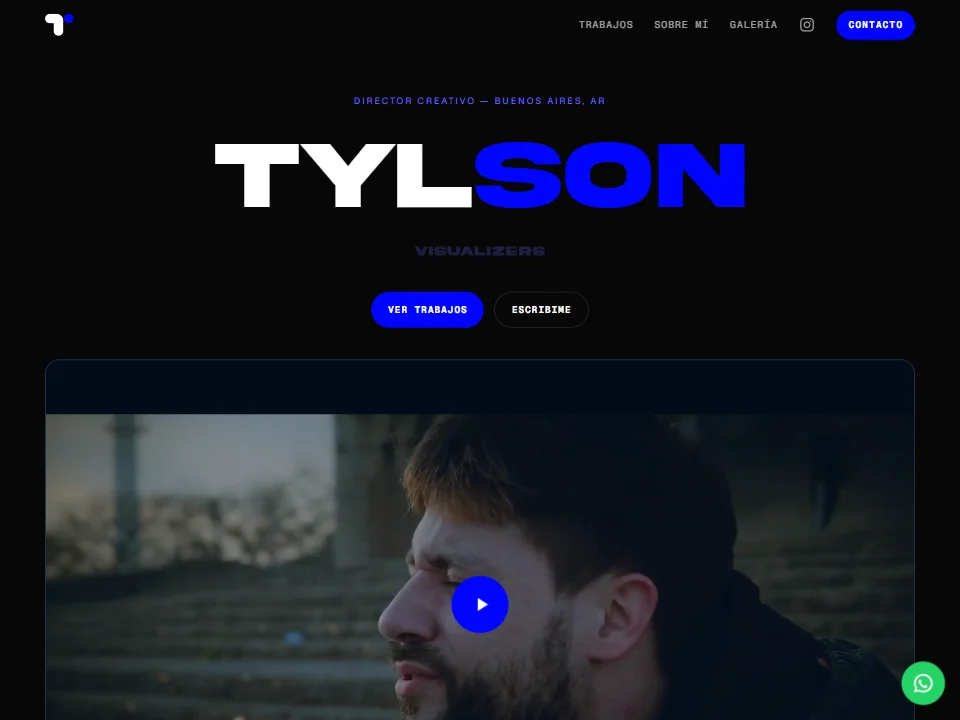Tylson homepage hero with the wordmark in white and electric blue over a black background, a navigation bar, and a video player with a play button below.